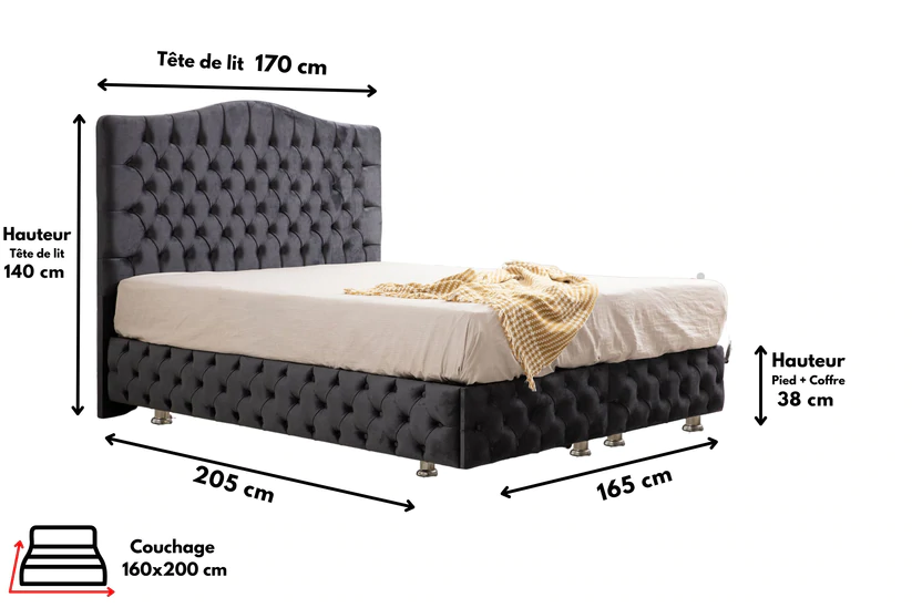 Lit double coffre en Velours – PARIS GRIS ANTHRACITE