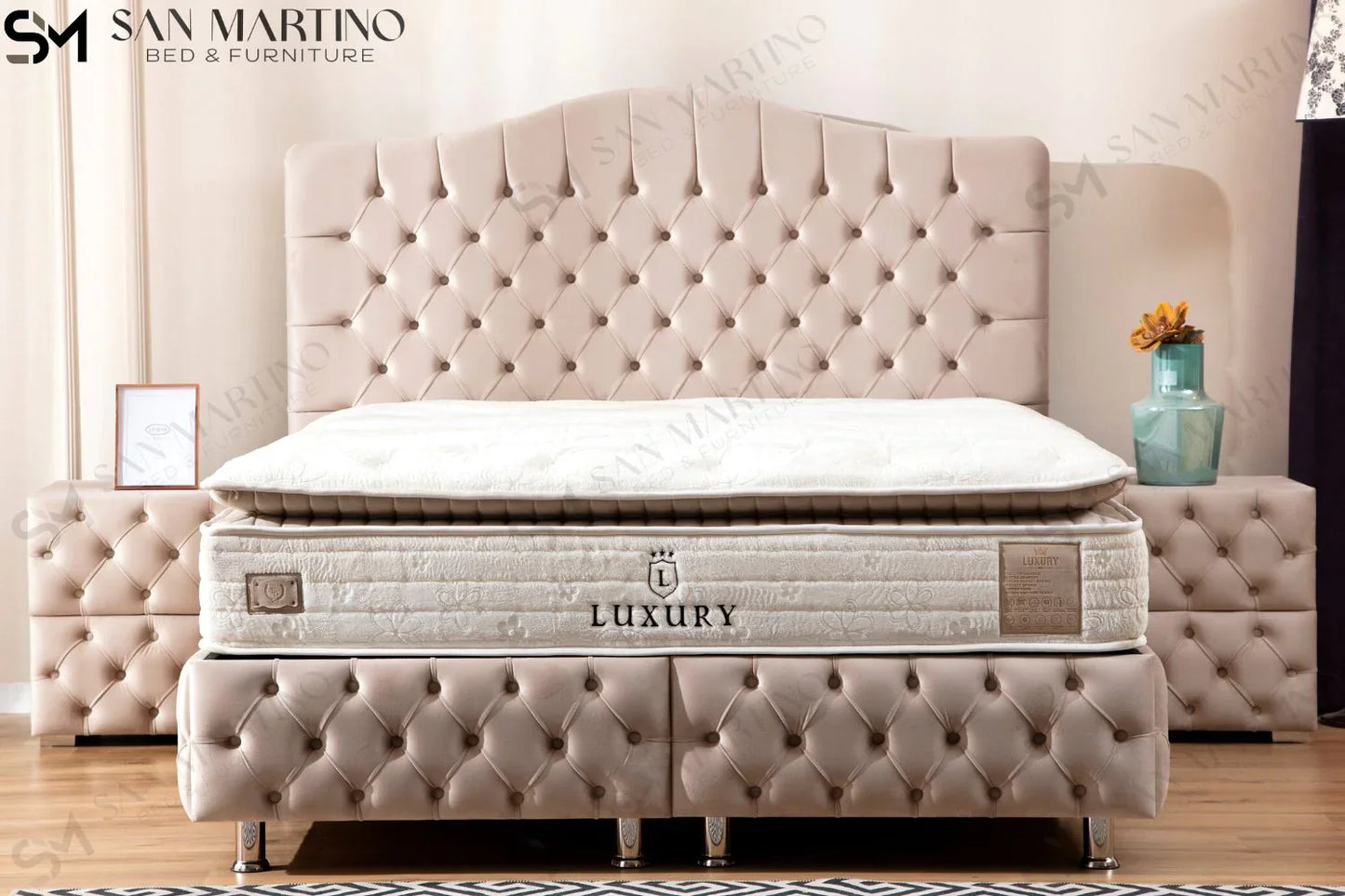 Lit double coffre en Velours – PARIS BEIGE