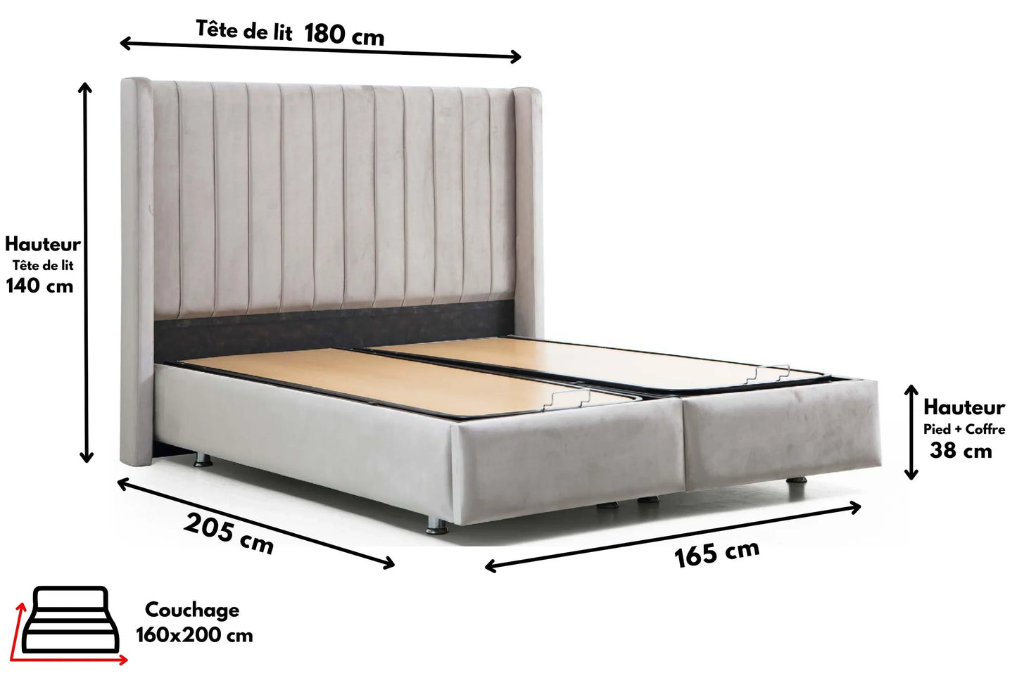 Lit double coffre en Velours – TOKYO GRIS