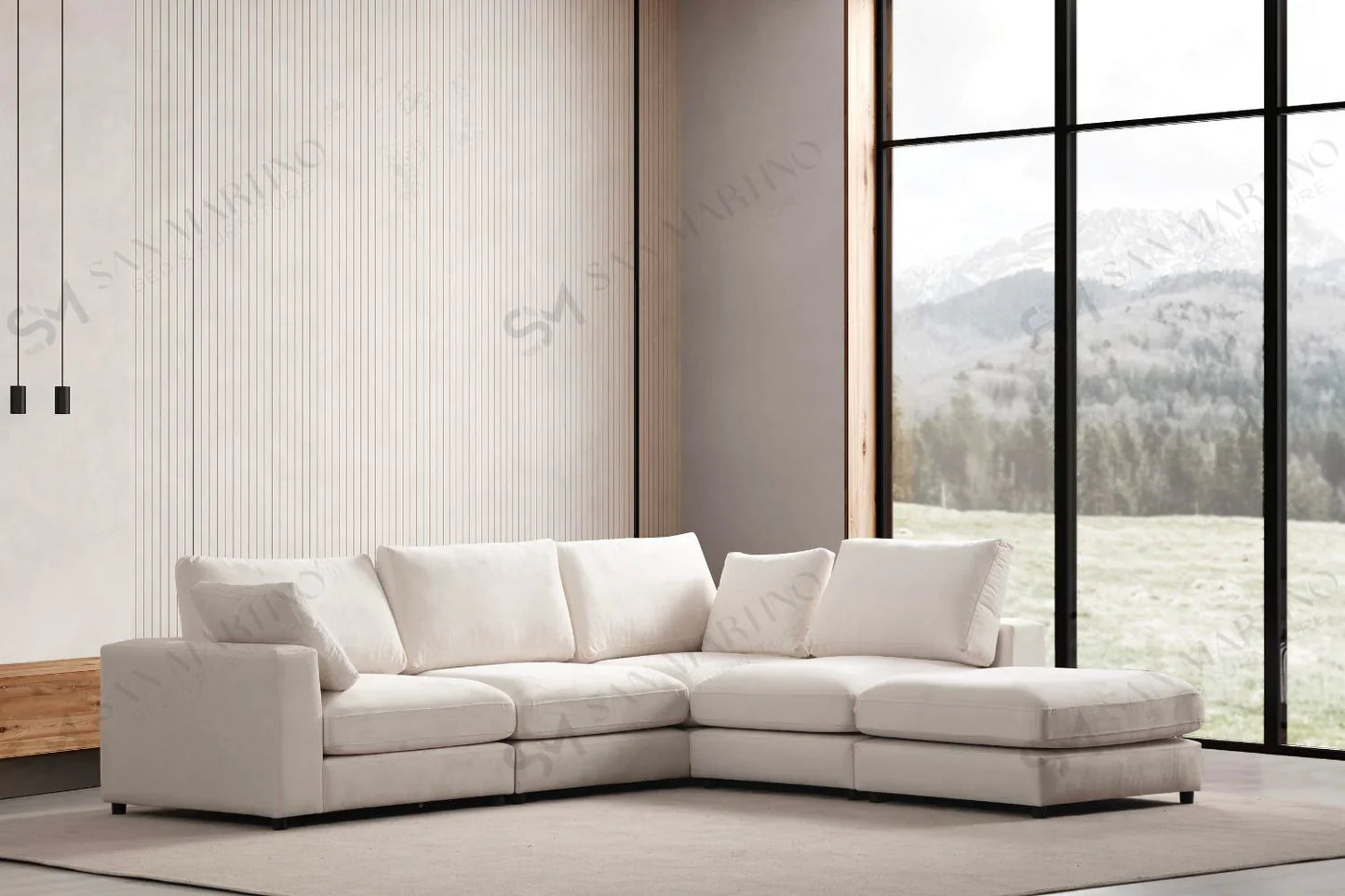 Canapé Modulable Julia Velours Blanc 4+1 Pouf