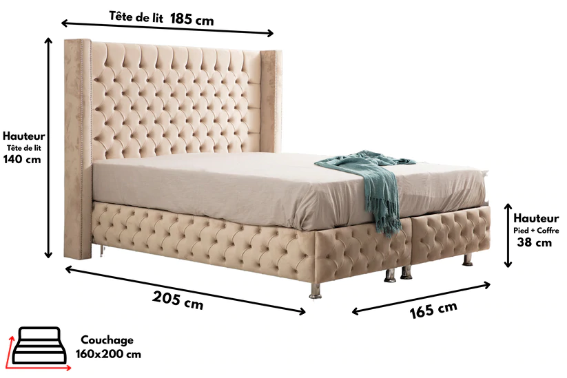 Lit double coffre en Velours – CLOUTÉ BEIGE