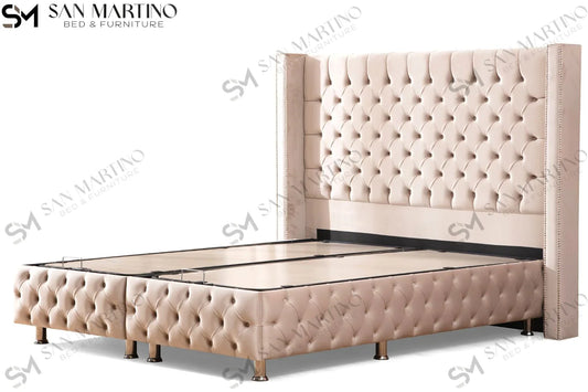 Lit double coffre en Velours – CLOUTÉ BEIGE