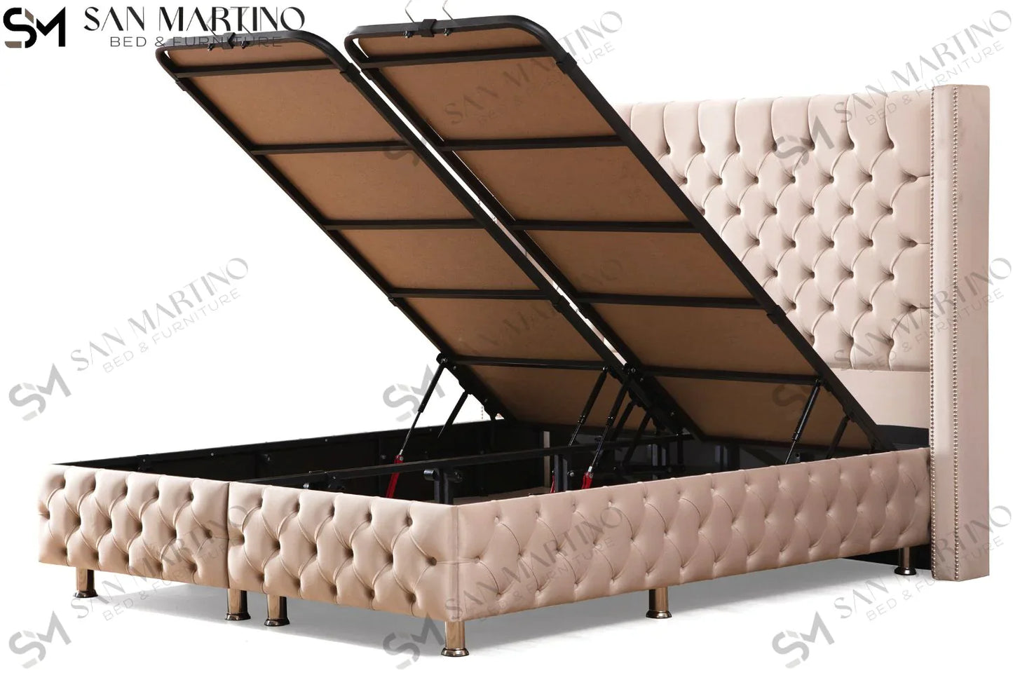 Lit double coffre en Velours – CLOUTÉ BEIGE
