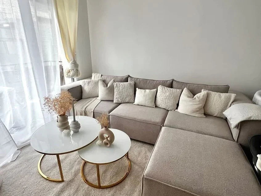Canapé Modulable Elégance Velours Beige 4+1 Pouf