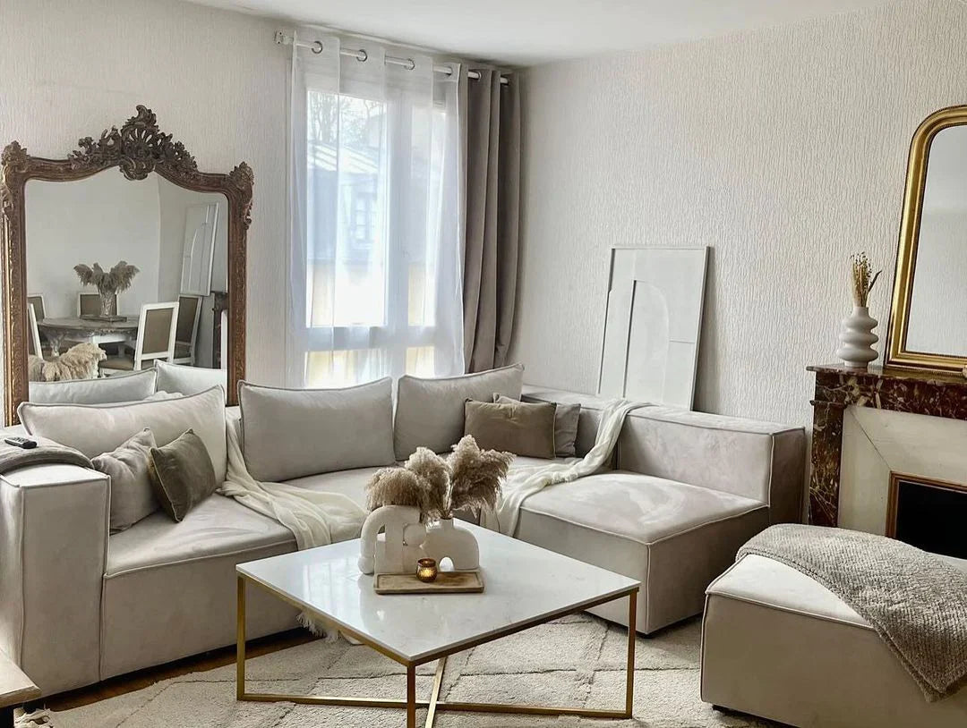 Canapé Modulable Elégance Velours Beige 4+1 Pouf
