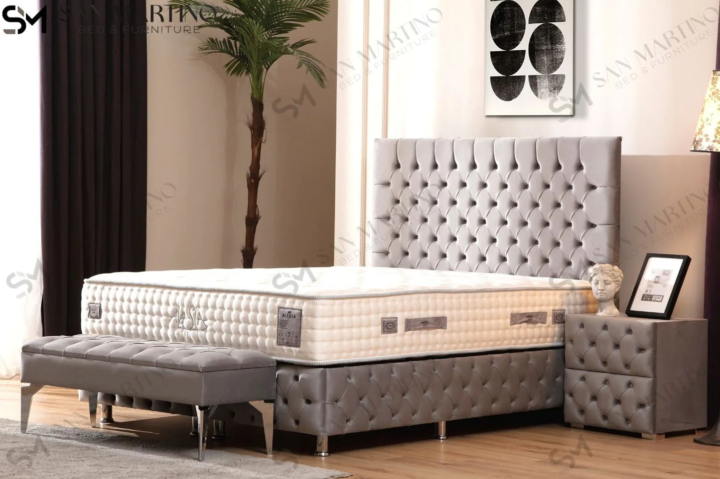 Lit double coffre en Velours – LAGOS GRIS