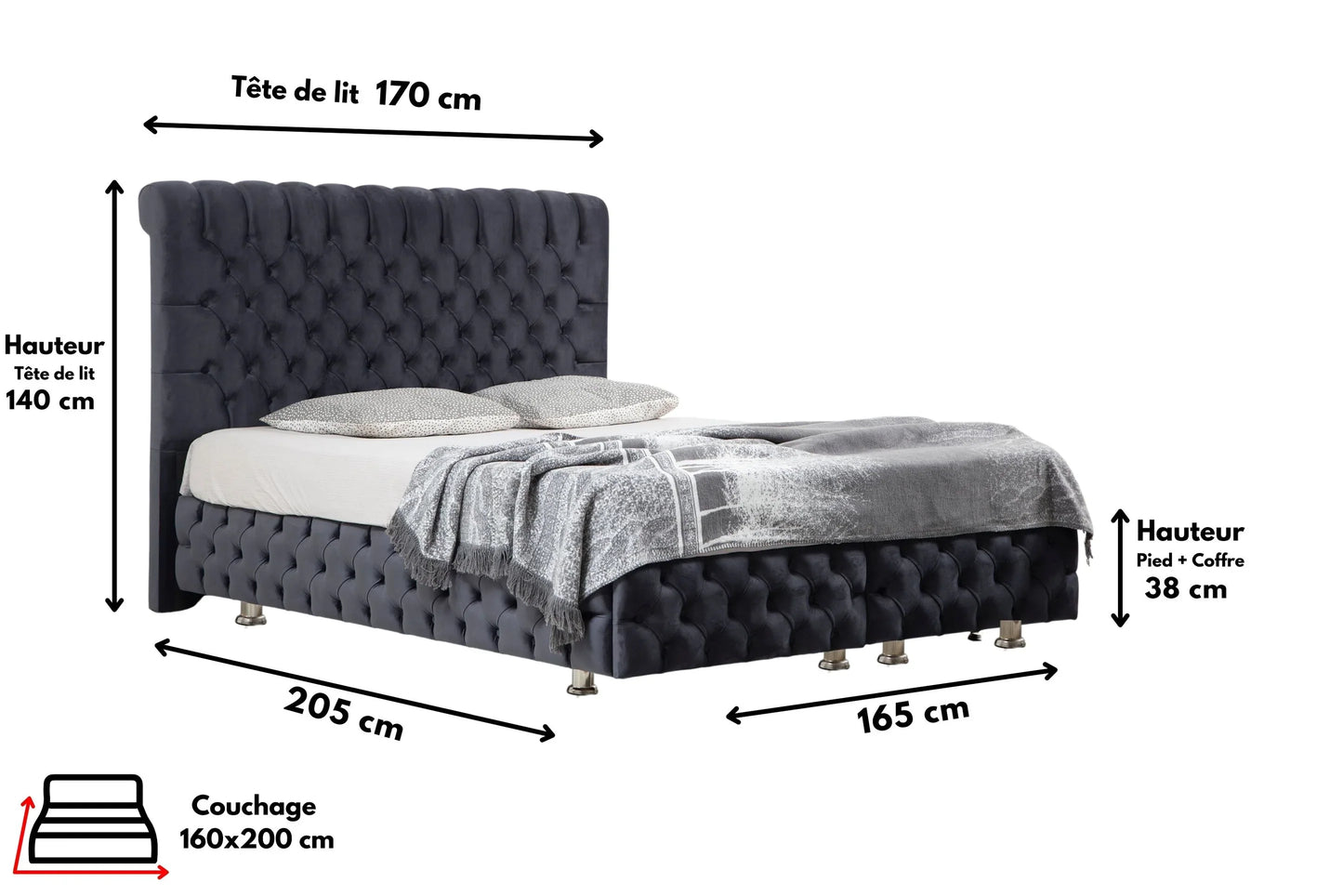 Lit double coffre en Velours – LUNA GRIS ANTHRACITE V-29