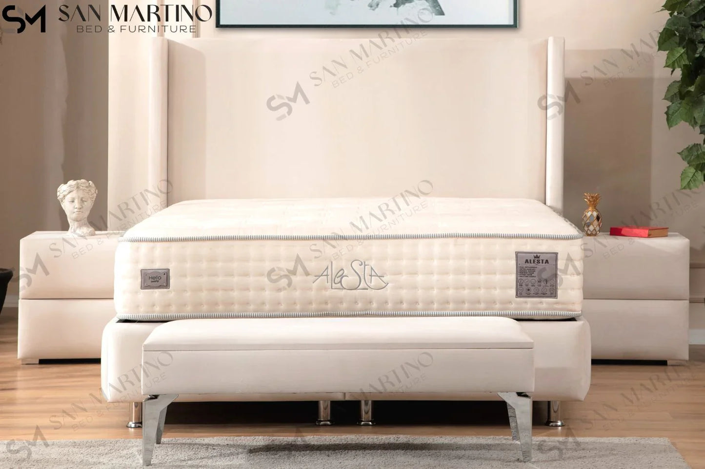 Lit double coffre en Velours – COCO BLANC CASSÉ