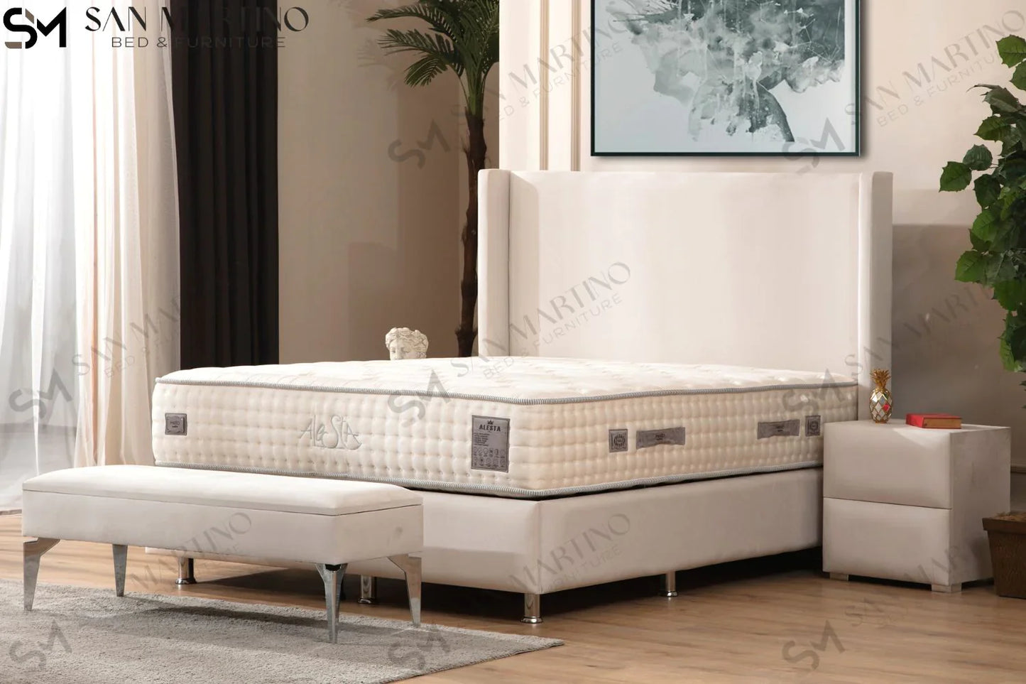 Lit double coffre en Velours – COCO BLANC CASSÉ
