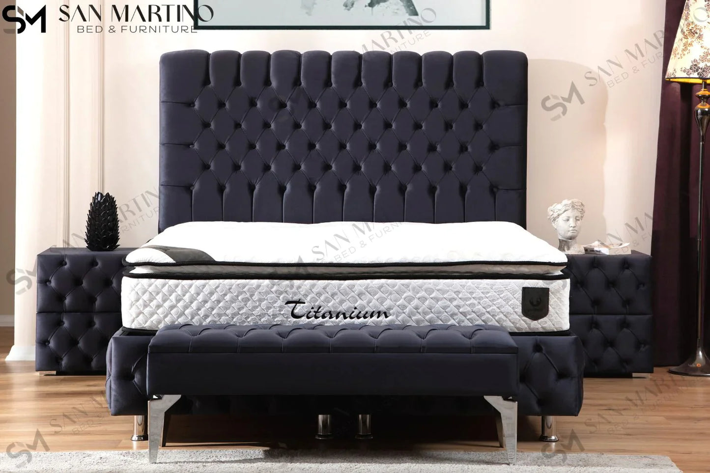 Lit double coffre en Velours – LUNA GRIS ANTHRACITE V-29