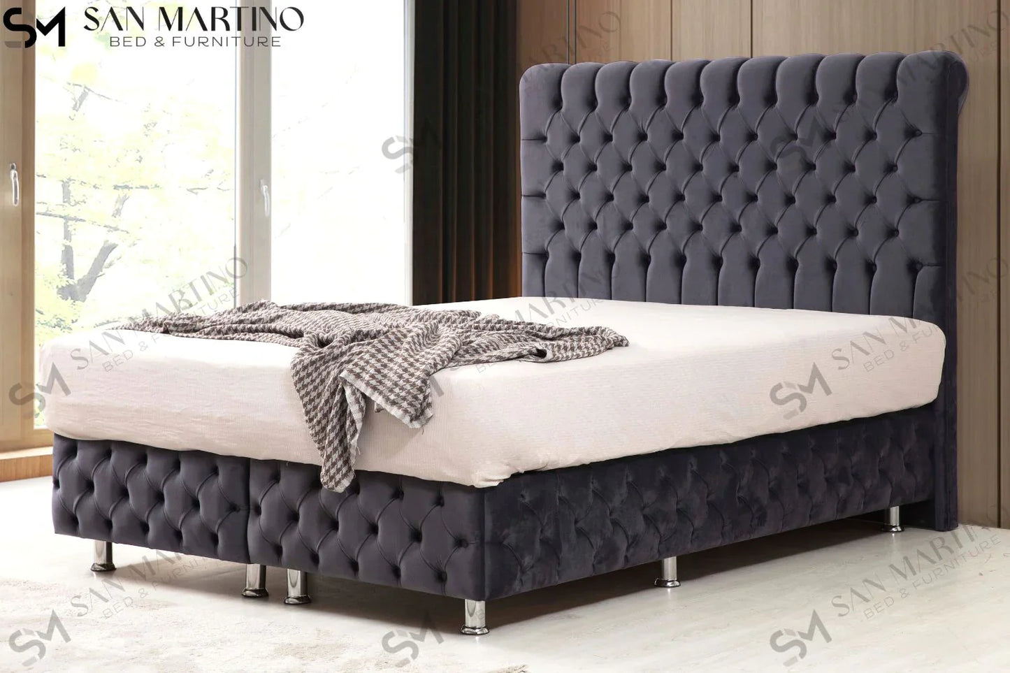 Lit double coffre en Velours – LUNA GRIS ANTHRACITE V-29