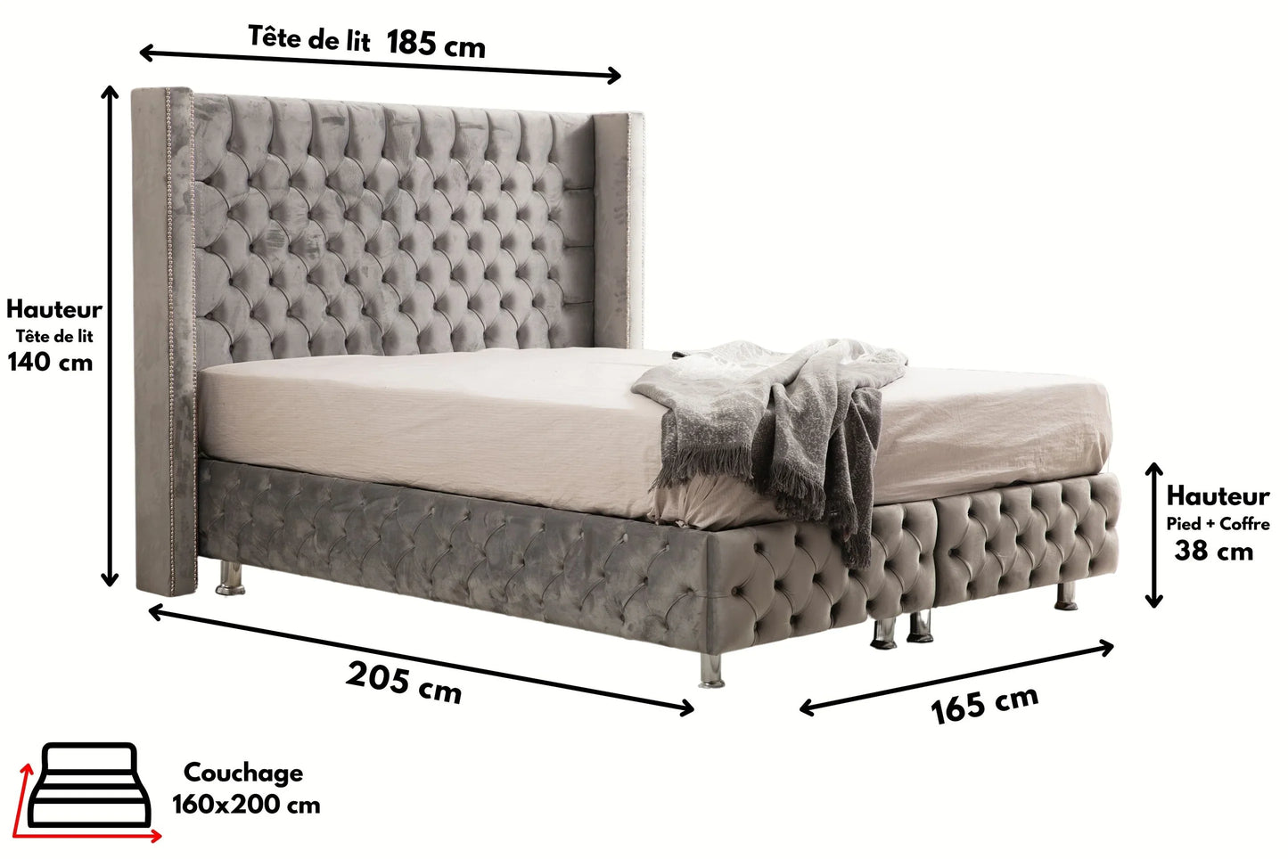 Lit double coffre en Velours – COFFRE GRIS