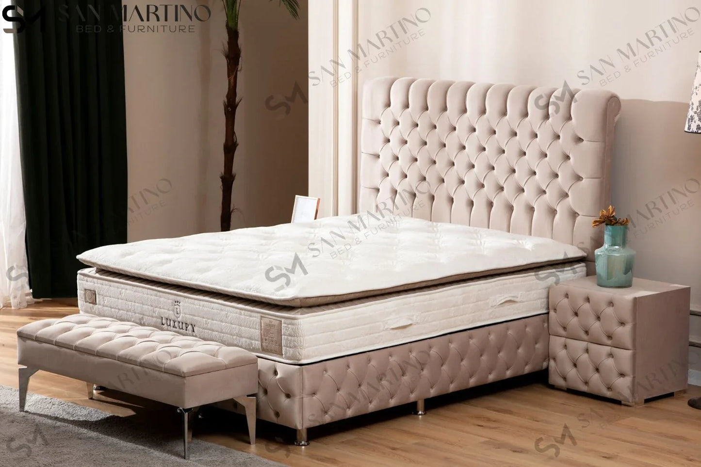 Lit double coffre en Velours – LUNA BEIGE