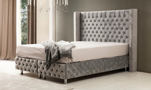 Lit double coffre en Velours – COFFRE GRIS