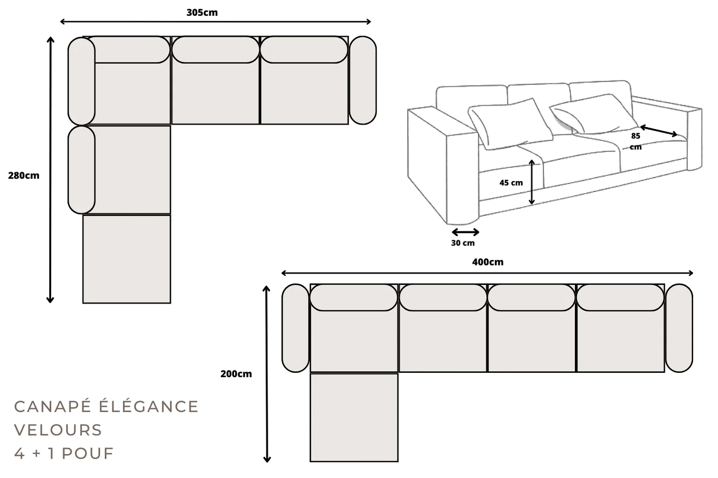 Canapé Modulable Elégance Velours Beige 4+1 Pouf