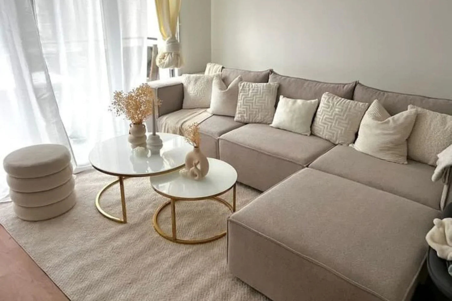 Canapé Modulable Elégance Velours Beige 4+1 Pouf