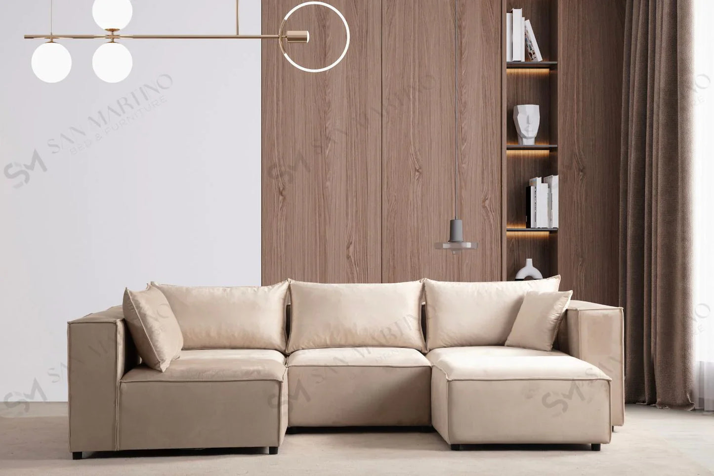 Canapé Modulable Elégance Velours Beige 4+1 Pouf