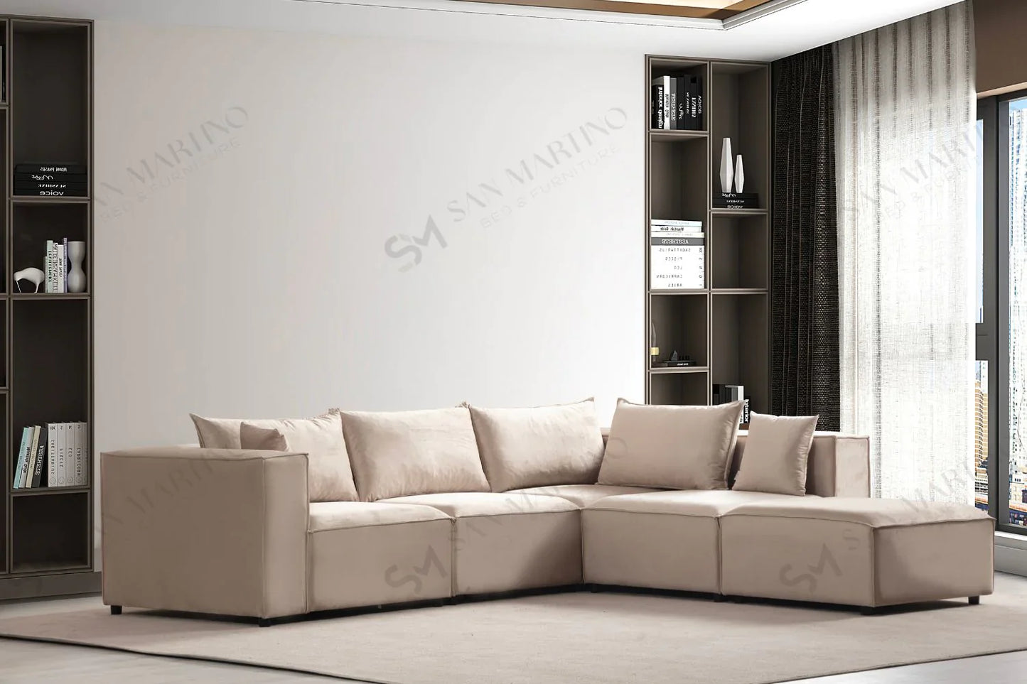 Canapé Modulable Elégance Velours Beige 4+1 Pouf
