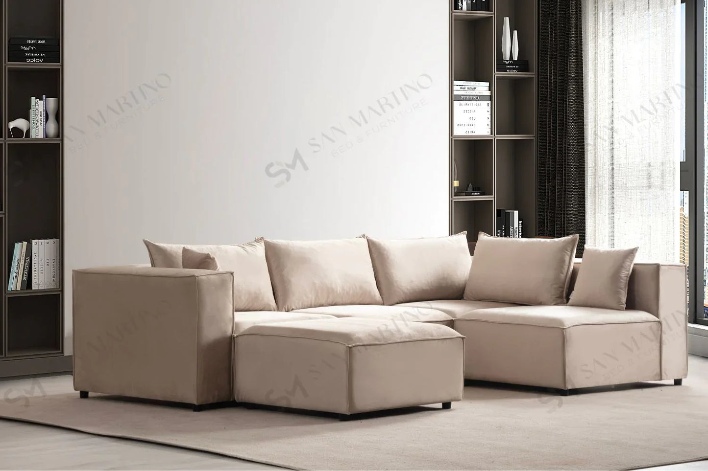 Canapé Modulable Elégance Velours Beige 4+1 Pouf