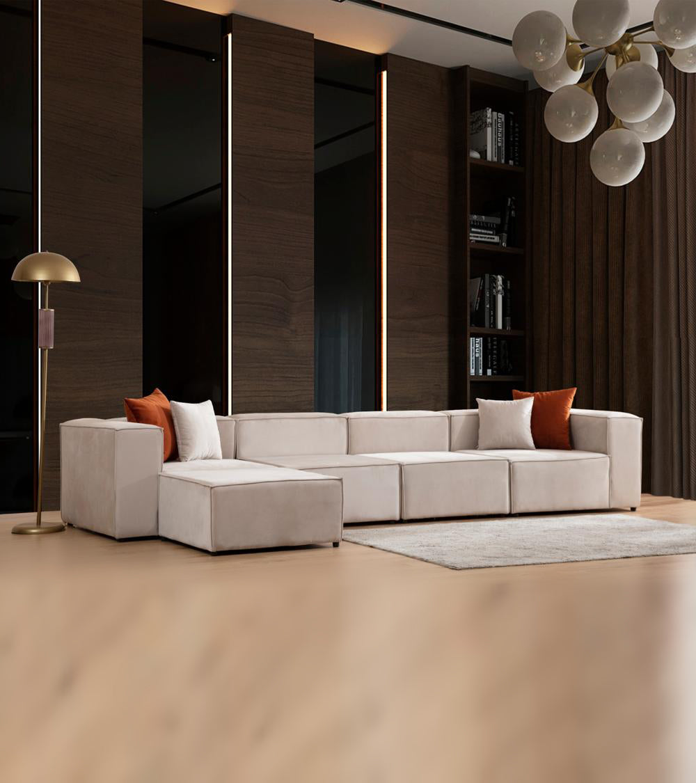Canapé Modulable Elégance Velours Beige 4+1 Pouf