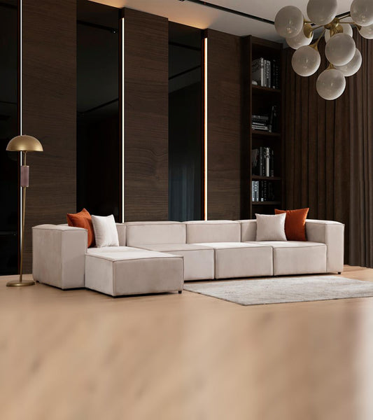 Canapé Modulable Elégance Velours Beige 4+1 Pouf