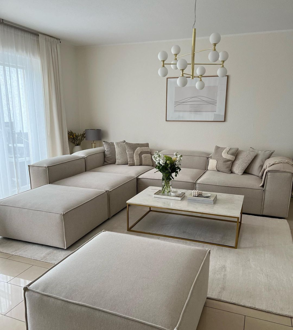 Canapé Modulable Elégance Velours Beige 4+1 Pouf
