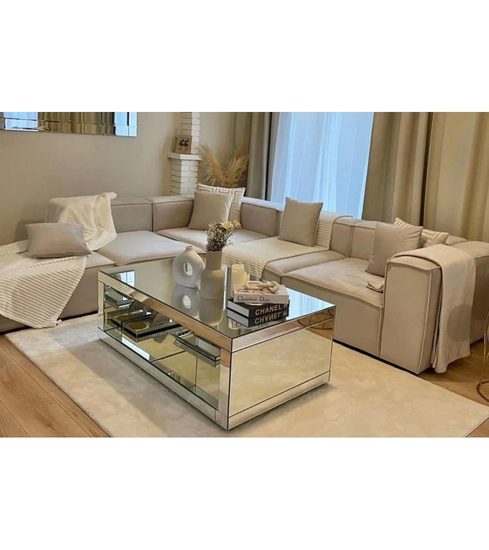 Canapé Modulable Elégance Velours Beige 4+1 Pouf