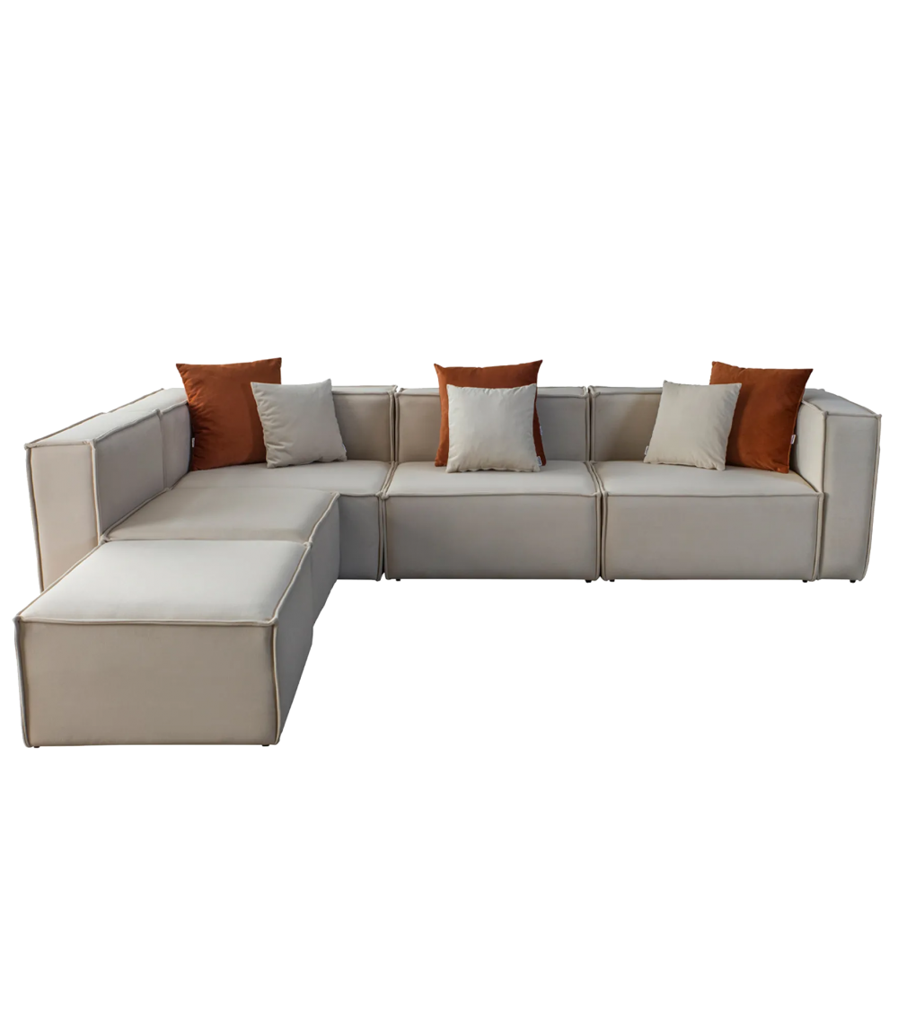 Canapé Modulable Elégance Velours Beige 4+1 Pouf