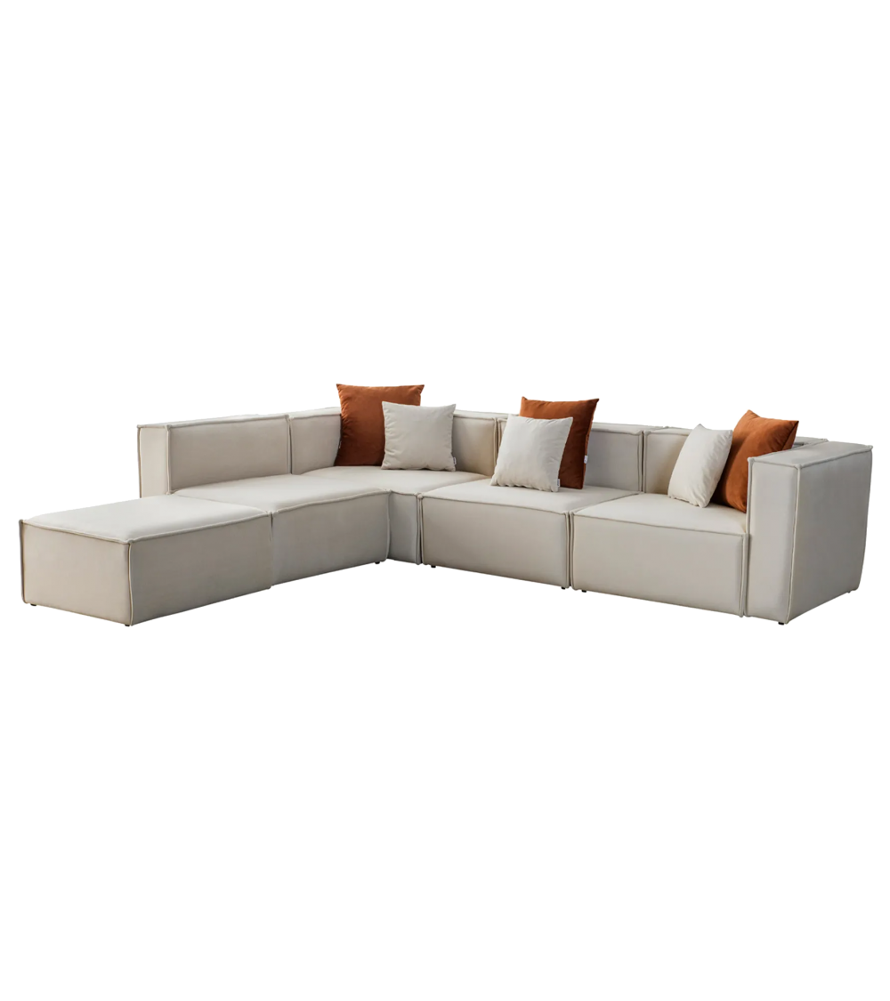 Canapé Modulable Elégance Velours Beige 4+1 Pouf